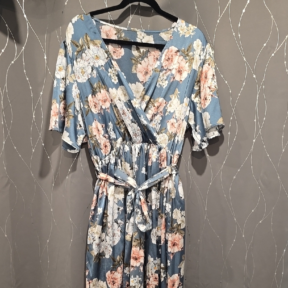 Blue Flutter Sleeve Maxi Dress with Tie Front